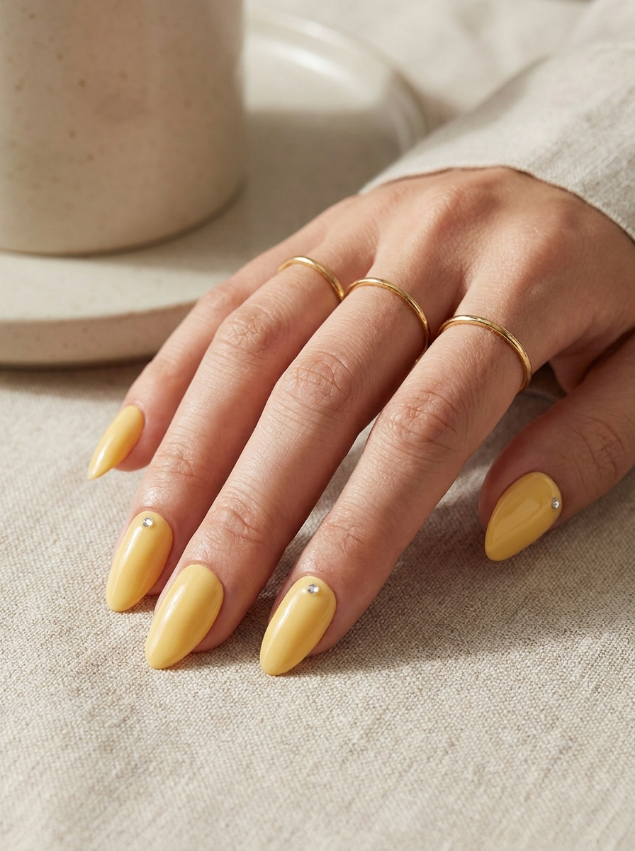 Elegante Buttery Yellow Nails mit winzigen Kristallakzenten